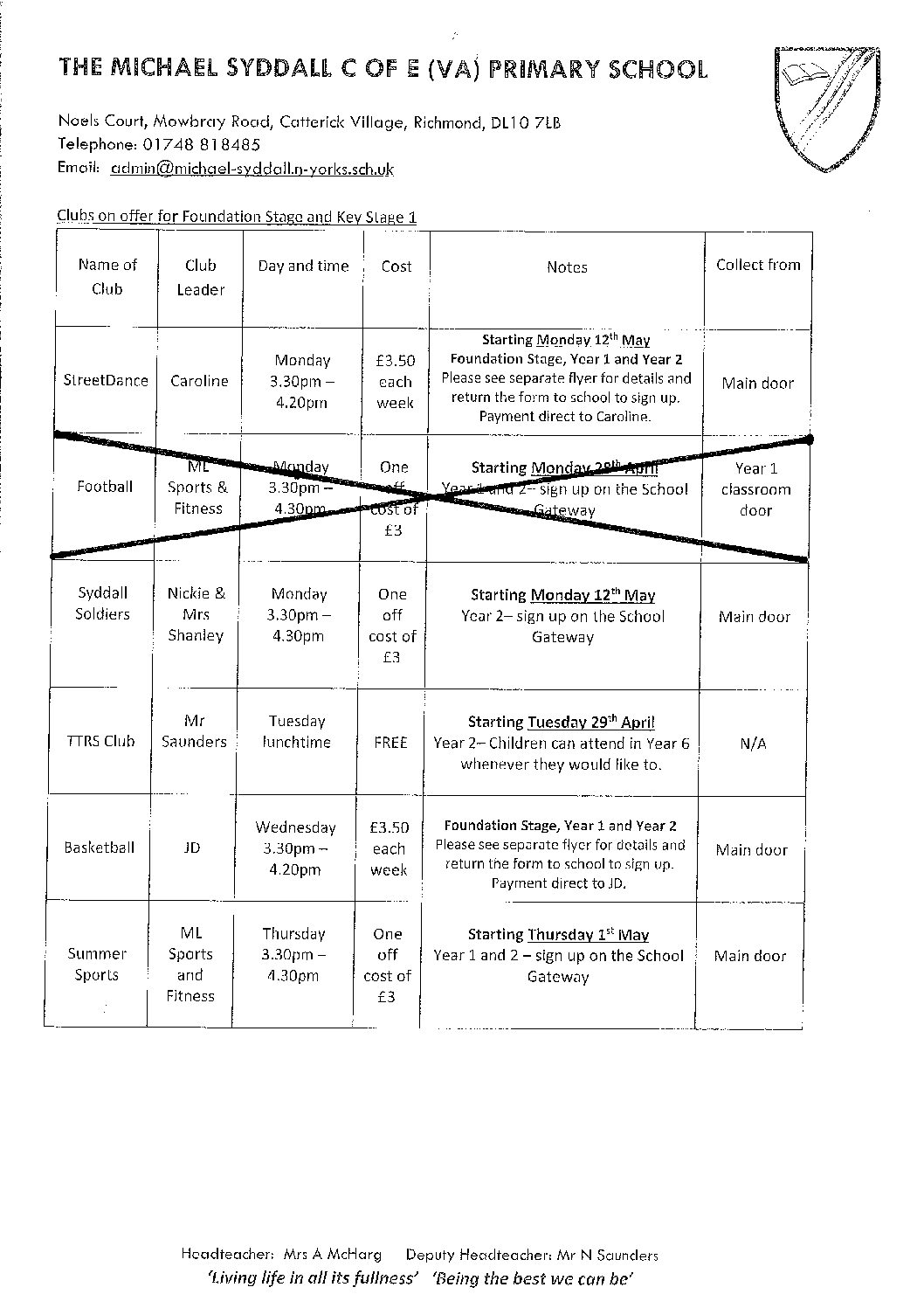 Clubs on offer for Foundation Stage and Key Stage 1