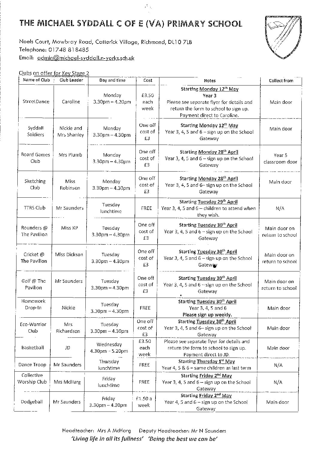 Clubs on offer for Key Stage 2